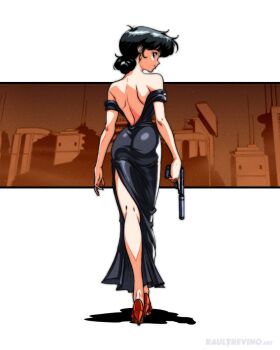 1girl artist_name ass backless_dress backless_outfit bare_shoulders black_dress black_hair building city commentary dress earrings english_commentary gun handgun highres jewelry looking_back original raul_trevino red_shoes shadow shoes smile solo suppressor walther walther_ppk weapon