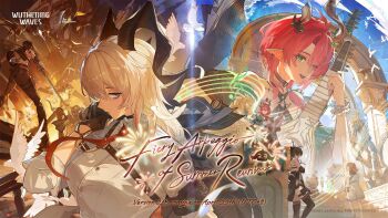 1boy 3girls armband bard black_armband black_gloves black_horns breasts chest_harness ciaccona_(wuthering_waves) commentary curled_horns english_commentary female_rover_(wuthering_waves) gloves green_eyes harness highres horns large_breasts logo long_hair male_rover_(wuthering_waves) multicolored_hair multiple_girls official_art open_mouth people pointy_ears red_hair rover_(wuthering_waves) shirt smile streaked_hair tacet_discord_(wuthering_waves) tacet_mark_(wuthering_waves) tree_horns white_hair white_shirt wuthering_waves zani_(wuthering_waves)