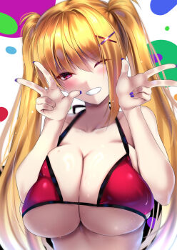 1girl ;d akeyama_kitsune bare_arms bikini blonde_hair blush breasts cleavage collarbone commentary_request double_v grin hair_between_eyes hair_ornament highres large_breasts looking_at_viewer one_eye_closed open_mouth original red_bikini red_eyes sidelocks smile solo swimsuit teeth twintails underboob upper_body v white_background x_hair_ornament