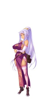 1girl absurdres arrow bibyo blue_eyes boots breasts china_dress chinese_clothes cleavage cleavage_cutout clothing_cutout dark_skin dark-skinned_female detached_sleeves dress female_focus full_body hands_on_own_hips highres hikage_eiji koihime_musou kougai_(koihime_musou) large_breasts light_purple_hair long_hair looking_at_viewer mole mole_under_mouth official_art pelvic_curtain ponytail shin_koihime_musou sidelocks silver_hair sleeveless smile solo standing thighhighs transparent_background very_long_hair