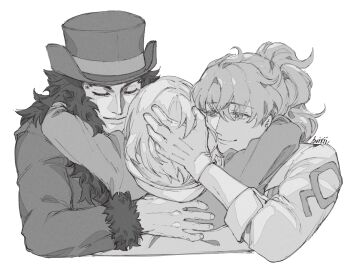 Rule 34 | 1girl, 2boys, artist name, bvixii, closed eyes, closed mouth, commentary, cropped torso, fate/grand order, fate (series), from behind, fur-trimmed jacket, fur-trimmed sleeves, fur trim, gloves, greyscale, hair between eyes, hat, headpat, hug, jacket, lev lainur flauros, long hair, long sideburns, long sleeves, looking at another, mash kyrielight, medium hair, monochrome, multiple boys, ponytail, romani archaman, sideburns, smile, top hat