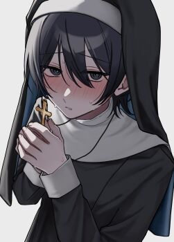 Rule 34 | 1boy, absurdres, arata20250328, black dress, black eyes, black hair, black veil, blush, cross, cross necklace, crossdressing, crossdressing (mtf), double-parted bangs, dress, hair between eyes, highres, holding, holding cross, jewelry, latin cross, long sleeves, looking at viewer, male focus, necklace, nun, original, own hands together, parted lips, raised inner eyebrows, short hair, simple background, solo, sweat, upper body, veil, white background