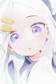 1girl absurdres black_jacket blue_archive blush bm_tol commentary_request dutch_angle eye_focus forehead hair_ornament hairclip highres hina_(blue_archive) jacket long_hair looking_at_viewer parted_bangs parted_lips purple_eyes solo sweatdrop upper_body white_hair