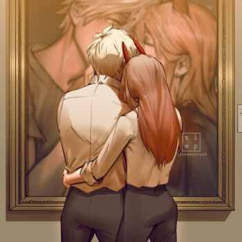 1boy 1girl black_pants blonde_hair chainsaw_man commentary_request demon_horns denji_(chainsaw_man) drawing_(object) dress_shirt facing_away from_behind hetero highres horns hug hug_from_behind indoors jacksonso long_hair pants picture_frame pink_hair power_(chainsaw_man) shirt short_hair straight_hair white_shirt