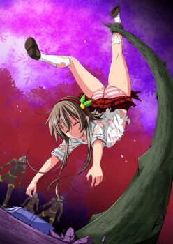 1girl 3boys ankle_grab arched_back bad_end beaten bodysuit bra brown_bodysuit brown_hair brown_helmet bruise bruise_on_face captured checkered_clothes checkered_skirt defeat dirty dirty_clothes full_body hairband hanging helmet immobilization injury kneehighs koeda0111 loafers long_sidelocks miniskirt multiple_boys open_mouth original panties peril plant pleated_skirt red_hairband red_skirt restrained ryona school_uniform scratches shirt shoes short_hair_with_long_locks short_sleeves sidelocks skirt socks spikes striped_bra striped_clothes striped_panties suspension teeth torn torn_bra torn_clothes torn_panties torn_shirt torn_skirt torn_sleeves torn_socks unconscious underwear upside-down utsugi_chisaki very_long_sidelocks vines violence white_shirt yotsuba_no_senki_clover_rose