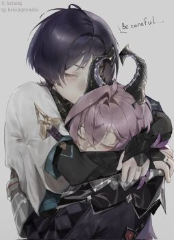 Rule 34 | 2boys, armor, artistic error, black bodysuit, black bridal gauntlets, black coat, black collar, black horns, black sleeves, blue sleeves, blunt ends, bodysuit, bridal gauntlets, closed eyes, closed mouth, coat, collar, dragon boy, dragon horns, english text, facial mark, facing another, forehead mark, gem, genshin impact, grey background, hair intakes, hand on another&#039;s back, hand on another&#039;s shoulder, height difference, highres, holding own arm, horns, hug, japanese armor, jewelry, kote, kriniiq, kurokote, layered sleeves, long sleeves, mandarin collar, mini durin (genshin impact), mini durin (human) (genshin impact), multiple boys, pink hair, purple horns, purple rope, red gemstone, ring, rope, scaramouche (genshin impact), short sleeves, telegram username, twitter username, two-sided horns, wanderer (genshin impact), white sleeves, wispy bangs