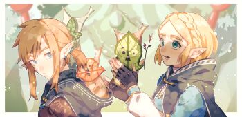 1boy 1girl berry black_gloves blonde_hair blue_eyes border closed_mouth commentary_request earrings eyelashes fingerless_gloves fingernails gloves highres holding holding_stick jewelry korok link long_sleeves lower_teeth_only nintendo open_mouth oshinomiya pointy_ears ponytail princess_zelda short_hair short_ponytail sidelocks smile stick teeth the_legend_of_zelda the_legend_of_zelda:_tears_of_the_kingdom white_border