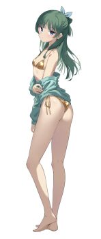 1girl absurdres aqua_shirt arm_at_side ass bare_legs barefoot bikini blue_eyes blue_ribbon blunt_bangs breasts collarbone commentary english_commentary full_body gold_bikini golden_week green_hair hair_ribbon half_updo highres holding_own_arm kusuriya_no_hitorigoto long_hair looking_at_viewer looking_to_the_side maomao_(kusuriya_no_hitorigoto) parted_lips profnote ribbon shirt shirt_partially_removed side-tie_bikini_bottom sidelocks simple_background small_breasts solo standing string_bikini swimsuit white_background