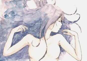 1girl absurdres bbmasa black_hair breasts closed_eyes collarbone commentary grey_background hibike!_euphonium highres liz_to_aoi_tori long_hair lying medium_breasts messy_hair no_nipples nude on_back profile simple_background solo traditional_media upper_body very_long_hair yoroizuka_mizore