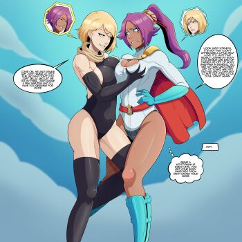 2girls bleach body_switch bodyswap breasts cosplay costume_switch crossover dark-skinned_female dark_skin dc_comics large_breasts long_hair mryumi multiple_girls personality_switch power_girl shihouin_yoruichi