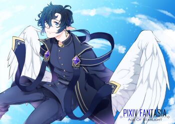 1boy black_pants blue_eyes blue_sky commentary_request copyright_name earrings feathered_wings feet_out_of_frame hair_between_eyes homa-mitsu jewelry looking_at_viewer male_focus oliver_(pixiv_fantasia_age_of_starlight) outdoors pants pixiv_fantasia pixiv_fantasia_age_of_starlight pointy_ears sky solo triangle_earrings white_wings wings