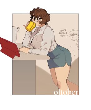 1boy 1girl artist_self-insert blush border breasts brown_eyes brown_hair collared_shirt commentary cup drinking english_commentary glasses grey_skirt highres holding holding_cup large_breasts leaning_forward mug office_lady original shirt short_hair skirt snowcie snowciel_(snowcie) solo_focus tablet_pc white_background white_border white_shirt