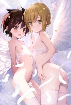2boys angel angel_wings ass blonde_hair blush boku_no_pico brown_eyes brown_hair chico_(boku_no_pico) cocolo_(co_co_lo) corset cowboy_shot feathered_wings feathers green_eyes highres looking_at_viewer male_focus multiple_boys navel nipples nude palms_together pico_(boku_no_pico) ribbon short_hair smile standing star_(symbol) thighhighs trap white_corset white_ribbon white_thighhighs white_wings wings yaoi