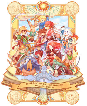 3girls 5boys armor arrow_(projectile) babus_swain blonde_hair blue_eyes book bow_(weapon) breasts brown_gloves brown_hair cheney_(final_fantasy_tactics_advance) doned_radiuju eldena everyone eye_contact ezel_berbier final_fantasy final_fantasy_tactics_advance gloves green_eyes grey_hair haruhito_(pixiv56745) hat helmet highres holding holding_weapon hunter_(final_fantasy_tactics_advance) judgemaster_cid llednar_twem long_sleeves looking_at_another marche_radiuju montblanc moogle multiple_boys multiple_girls nono_(final_fantasy) polearm professor_auggie rapier red_hair red_headwear red_mage_(final_fantasy) ritz_malheur small_breasts sword templar_(final_fantasy_tactics_advance) trident viera weapon wizard_hat