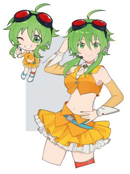 Rule 34 | 1girl, absurdres, ahoge, breasts, chibi, chibi inset, commentary, cropped shirt, detached sleeves, english commentary, frilled skirt, frills, garter belt, goggles, goggles on head, green hair, gumi, hand on own head, hand on own hip, headset, highres, looking at viewer, midriff, monoyoki, multiple views, orange shirt, orange skirt, shirt, shoes, short hair with long locks, sidelocks, skirt, smile, vocaloid, white shoes