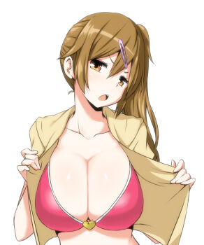 >:o 10s 1girl :o alternate_hairstyle annoyed bikini bikini_top_only blush body_blush breasts brown_eyes brown_hair chuunibyou_demo_koi_ga_shitai! cleavage collarbone female_focus frown hair_between_eyes hair_ornament hairclip head_tilt heart huge_breasts long_hair long_image looking_at_viewer nibutani_shinka open_clothes open_mouth open_shirt red_bikini shiny_skin shirt short_sleeves side_ponytail simple_background solo swimsuit tall_image upper_body v-shaped_eyebrows white_background yellow_shirt zaxwu