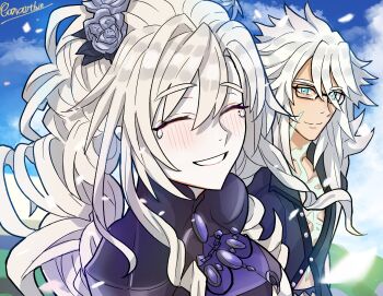 Rule 34 | 1boy, 1girl, black flower, black jacket, black rose, black shrug, blue sky, blush, caravthir, closed eyes, drill hair, fate/grand order, fate (series), flower, glasses, glowing scar, green eyes, hair between eyes, hair flower, hair ornament, highres, jacket, kriemhild (fate), kriemhild (swimsuit rider) (fate), kriemhild (swimsuit rider) (first ascension) (fate), long hair, long sidelocks, mole, mole under eye, rose, see-through cleavage, see-through clothes, shrug (clothing), sidelocks, siegfried (fate), siegfried (super cool biz) (fate), signature, sky, smile, teardrop, white hair