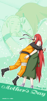 Rule 34 | 1boy, 1girl, absurdres, apron, baby, bags under eyes, blonde hair, close-up, closed eyes, commentary, crying, english text, exhausted, from side, full body, green apron, hair ornament, hairclip, highres, hug, jacket, kishimoto masashi, long hair, mother's day, mother and child, mother and son, multicolored jacket, multiple views, naruto (series), naruto shippuuden, orange jacket, orange pants, pants, parent and child, red hair, shirt, short hair, sleeveless, sleeveless shirt, standing, surprised, sweat, uzumaki kushina, uzumaki naruto, very long hair, very sweaty, white shirt