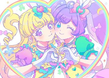 2girls :t ahoge blonde_hair bow cheek-to-cheek closed_mouth crescent gloves green_eyes hair_bow heads_together heart heart_hands heart_hands_duo idol_time_pripara jewelry ku_(kuooss) long_hair looking_at_viewer manaka_laala multiple_girls necklace one_eye_closed pink_bow pretty_series pripara puffy_short_sleeves puffy_sleeves purple_eyes purple_hair rainbow ringlets short_sleeves smile twintails two_side_up upper_body very_long_hair white_gloves yumekawa_yui