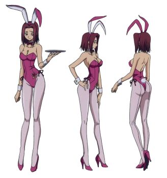 1girl animal_ears ass bare_shoulders blue_eyes bow bowtie breasts closed_eyes code_geass detached_collar fake_animal_ears female_focus full_body hairband hand_on_own_hip high_heels highleg highleg_leotard holding holding_tray kouzuki_kallen large_breasts leotard medium_hair multiple_views official_art pantyhose pink_bow pink_bowtie pink_leotard pink_shoes playboy_bunny rabbit_ears rabbit_tail red_hair reference_sheet shoes side-tie_leotard solo strapless strapless_leotard tray white_pantyhose wristband