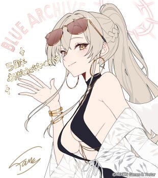 1girl black_one-piece_swimsuit blue_archive blush breasts casual_one-piece_swimsuit commentary_request copyright_name copyright_notice earrings eyewear_on_head famepeera fingernails grey_hair halo hand_up happy_anniversary highres hoop_earrings jacket jewelry long_hair looking_at_viewer medium_breasts nagisa_(blue_archive) nagisa_(swimsuit)_(blue_archive) official_alternate_costume one-piece_swimsuit ponytail signature simple_background smile solo sunglasses swimsuit very_long_hair white_background white_jacket yellow_eyes