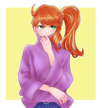 Rule 34 | 1girl, ahoge, alternate costume, azu (smallmaaameee), commentary request, green eyes, highres, looking to the side, nintendo, orange hair, outline, pink sweater, pokemon, pokemon swsh, side ponytail, solo, sonia (pokemon), sweater, turtleneck, turtleneck sweater, white outline