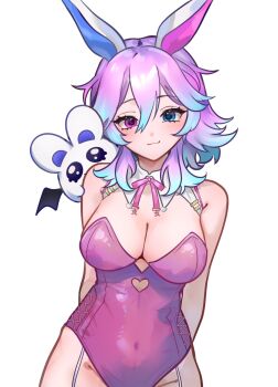 1girl animal_ears breasts chimanakoneko cleavage cottontail_(vtuber) heterochromia highres multicolored_hair rabbit_ears rabbit_girl white_background