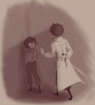 Rule 34 | 2boys, absurdres, arm behind back, bandage on face, bandages, black hair, collared shirt, commission, commissioner upload, dual persona, full body, height difference, highres, holding, holding behind back, holding knife, holding weapon behind back, kim dokja, knife, multiple boys, non-web source, oldest dream, omniscient reader's viewpoint, popped collar, reaching, reaching towards another, shirt, short hair, standing, tawhirl, wide-eyed