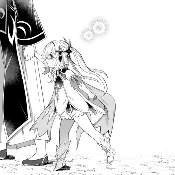 Rule 34 | 1girl, 3boys, akademiya uniform, anklet, arm at side, arm up, armlet, asymmetrical sidelocks, barefoot, bloomers, cape, caramelo game, clothing cutout, commentary request, cross-shaped pupils, detached sleeves, dress, eyelashes, feathers, genshin impact, greyscale, hair ornament, hakama, hand grab, heart, heart hair ornament, japanese clothes, jewelry, kariginu, kimono, layered sleeves, long hair, long sleeves, monochrome, multiple boys, nahida (genshin impact), open hand, open mouth, pants, pelvic curtain, pointy ears, pom pom (clothes), pulling, robe, scaramouche (genshin impact), scaramouche (kabukimono) (genshin impact), side cutout, side ponytail, sidelocks, slippers, socks, stirrup footwear, string, symbol-shaped pupils, tareme, tasuki, underwear, waraji, wide sleeves