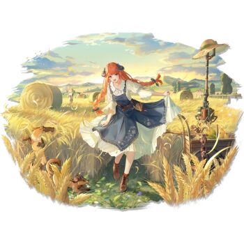 1girl arknights bagpipe_(echo_of_bagpipes)_(arknights) boots brown_boots cart floating_hair hat horn_(arknights) horns looking_at_viewer official_art pullcart scarecrow skirt_hold smile straw_hat u-suke_(supertie) wheat_field