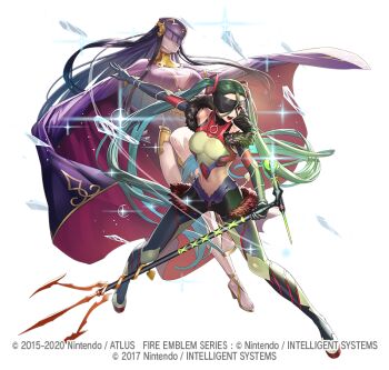 2015 2020 2girls black_hair boots breasts cleavage copyright_notice cuboon eyepatch fire_emblem fire_emblem_heroes full_body fur-trimmed_boots fur_trim gloves green_hair ice kurono_kiria long_hair microphone microphone_stand midriff multiple_girls navel nintendo official_art one_eye_covered open_mouth red_eyes sparkle teeth tharja_(fire_emblem) thigh_boots thighhighs tokyo_mirage_sessions_fe twintails veil white_background