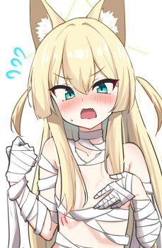 1girl alternate_costume animal_ear_fluff animal_ears bandaged_arm bandaged_chest bandaged_neck bandages bare_shoulders blonde_hair blue_archive blush breasts commentary_request convenient_censoring covering_breasts covering_privates embarrassed fang flying_sweatdrops fox_ears fox_girl green_eyes green_halo hair_between_eyes hair_censor halloween_costume halo hands_up highres kurumi_(blue_archive) long_hair looking_at_viewer mummy_costume naked_bandage nose_blush nuporaimu open_mouth sidelocks skin_fang small_breasts solo straight_hair triangle_halo two_side_up upper_body v-shaped_eyebrows very_long_hair wardrobe_malfunction wavy_mouth