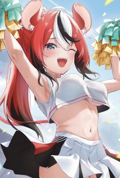 1girl absurdres animal_ears armpits black_hair blue_eyes breasts hakos_baelz highres holding holding_pom_poms hololive hololive_english ilie_ilie long_hair mouse_ears mouse_girl mouse_tail multicolored_hair navel one_eye_closed open_mouth pleated_skirt pom_pom_(cheerleading) pom_poms red_hair sharp_teeth skirt solo stomach tail teeth upper_teeth_only virtual_youtuber white_hair white_skirt
