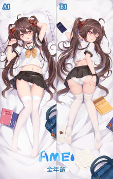 Rule 34 | 1girl, ;q, ahoge, alternate costume, ass, black choker, black skirt, breasts, brown hair, chinese commentary, choker, commentary request, contemporary, crop top, dakimakura (medium), feet, flower-shaped pupils, full body, genshin impact, hair ornament, hand on own ass, highres, hu tao (genshin impact), long hair, looking at viewer, lying, midriff, multiple views, navel, no shoes, notebook, on back, on stomach, one eye closed, panties, pantyshot, parted lips, pillow, pleated skirt, red eyes, sailor collar, school uniform, serafuku, shirt, skirt, small breasts, soles, symbol-shaped pupils, thighhighs, tongue, tongue out, twintails, underwear, white panties, white sailor collar, white shirt, white thighhighs, wristband, yutian alice