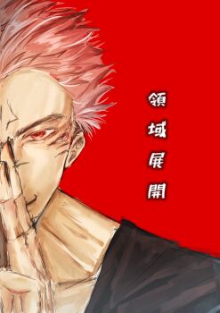 >:) black_nails broad_shoulders domain_expansion extra_eyes highres jujutsu_kaisen ma0chi77 pink_hair portrait red_background red_eyes ryoumen_sukuna_(jujutsu_kaisen) smile sparkling_eyes translated v-shaped_eyebrows