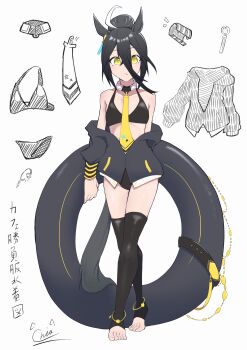 1girl :/ absurdres ahoge alternate_costume bare_shoulders belt bikini black_belt black_bikini black_hair black_jacket black_thighhighs chia_ikaruga closed_mouth collarbone commentary_request detached_collar ear_ornament ear_tag earrings hair_between_eyes hair_bun highres holding holding_swim_ring innertube jacket jewelry long_bangs long_hair_between_eyes manhattan_cafe_(umamusume) multicolored_hair necktie off_shoulder partially_open_jacket simple_background single_earring single_hair_bun solo split_mouth swim_ring swimsuit thighhighs toeless_legwear umamusume white_background white_hair yellow_necktie