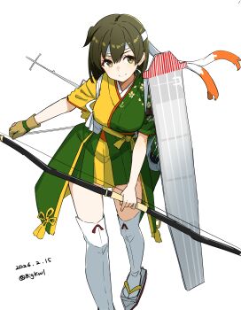 Rule 34 | 1girl, absurdres, bigkwl, blush, breasts, closed mouth, commentary, dated, dated commentary, double-parted bangs, foot out of frame, green eyes, green hair, green kimono, grey sandals, hair between eyes, headband, highres, hiryuu (kancolle), hiryuu kai san (kancolle), japanese clothes, kantai collection, kimono, large breasts, looking at viewer, sandals, short hair, short sleeves, simple background, smile, solo, standing, tabi, thighhighs, twitter username, two-tone kimono, white background, white headband, white thighhighs, yellow kimono