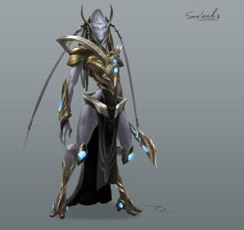 alien androgynous armor artist_request digitigrade full_body gender_request gradient_background headgear hip_focus mouthless ornate_armor protoss purple_theme selendis solo standing starcraft tentacle_hair