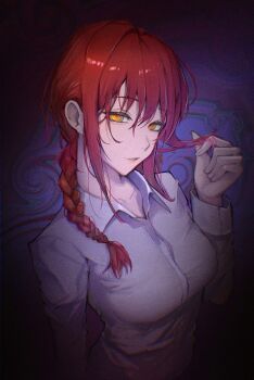 1girl braid braided_ponytail chainsaw_man collared_shirt highres long_sleeves looking_at_viewer makima_(chainsaw_man) purple_background red_hair ringed_eyes sakuranuts00 shirt solo white_shirt yellow_eyes