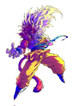 Rule 34 | 1boy, blonde hair, body fur, boyerjorys, dragon ball, dragon ball daima, full body, green eyes, highres, long hair, male focus, monkey tail, no eyebrows, orange pants, orange shirt, pants, red eyes, red fur, red hair, red tail, shirt, solo, son goku, spiked hair, super saiyan, super saiyan 3, super saiyan 4, tail, transformation