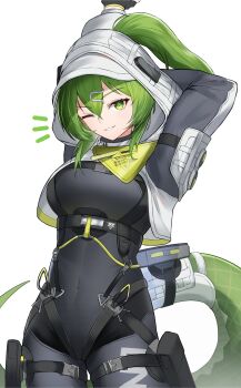 1girl absurdres arknights arknights:_endfield arms_up black_bodysuit bodysuit breasts commentary covered_navel cowboy_shot fluorite_(arknights) green_eyes green_hair hair_between_eyes highres hood hood_up hooded_shrug k@bu looking_at_viewer medium_breasts notice_lines one_eye_closed parted_lips pouch shrug_(clothing) simple_background smile snake_girl snake_tail solo stretching tail thigh_pouch thigh_strap white_background white_shrug