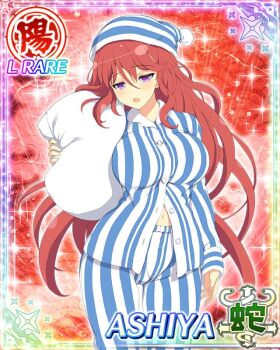 1girl :o arm_at_side ashiya_(senran_kagura) blue_pajamas border breasts card_(medium) character_name game_cg hair_between_eyes hair_ribbon half-closed_eyes hat holding holding_pillow large_breasts long_hair looking_at_viewer navel nightcap official_art one_side_up pajamas partially_unbuttoned pillow purple_eyes red_background red_hair ribbon senran_kagura senran_kagura_new_wave solo striped_clothes striped_hat striped_pajamas third-party_source vertical-striped_clothes vertical-striped_pajamas very_long_hair wavy_hair yellow_ribbon