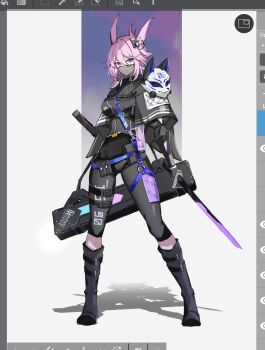 Rule 34 | 1girl, alternate costume, animal ears, art program in frame, black boots, black pants, black shirt, boots, breasts, commentary, fox ears, fox girl, fox mask, full body, hair between eyes, hair ornament, hashtag-only commentary, highres, holding, holding sword, holding weapon, honkai (series), honkai impact 3rd, katana, knee boots, looking at viewer, mask, mask on shoulder, medium breasts, mouth mask, pants, pink hair, purple eyes, scabbard, see-through clothes, see-through mask, sheath, shirt, short hair, solo, sparks summer, sword, unsheathed, weapon, yae sakura