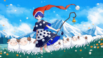 1girl black_capelet black_dress blue_eyes blue_hair blue_sky capelet cloud commentary_request day doremy_sweet dress fafa hat highres holding mountainous_horizon multicolored_dress nightcap open_mouth outdoors pom_pom_(clothes) red_hat sheep short_hair sky solo tail tapir_tail touhou two-tone_dress white_dress