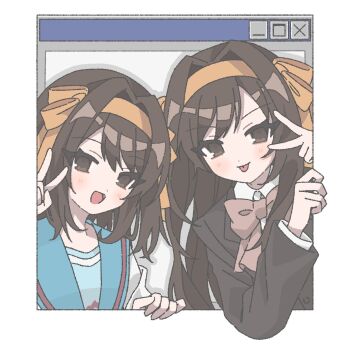 2girls :d :p black_jacket blazer blue_sailor_collar bow bowtie brown_bow brown_bowtie brown_eyes brown_hair collared_shirt dual_persona hair_ribbon hairband highres jacket kita_high_school_uniform kouyouen_academy_school_uniform long_hair long_sleeves medium_hair multiple_girls nanonome official_alternate_costume official_alternate_hair_length official_alternate_hairstyle open_mouth ribbon sailor_collar school_uniform serafuku shirt smile suzumiya_haruhi suzumiya_haruhi_no_shoushitsu suzumiya_haruhi_no_yuuutsu tongue tongue_out v white_shirt window_(computing) winter_uniform yellow_hairband yellow_ribbon