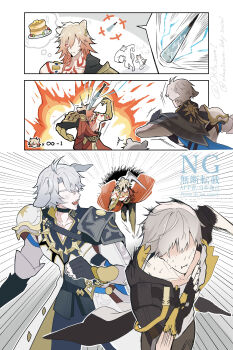 Rule 34 | 3boys, :t, ^^^, absurdres, angry, animal ears, artist name, baseball bat, black jacket, bonk, caelus (honkai: star rail), cape, cat ears, chasing, cloak, commentary request, crosshair, dog ears, explosion, faceless, faceless male, food, gauntlets, gradient hair, grey hair, highres, honkai: star rail, honkai (series), infinity symbol, jacket, motion lines, multicolored hair, multiple boys, mydei (honkai: star rail), nervous sweating, okas sava, orange hair, pancake, pancake stack, phainon (honkai: star rail), red cape, running, simple background, sparkle, speech bubble, speed lines, sweat, tattoo, thought bubble, trailblazer (honkai: star rail), watermark, white background, white cloak