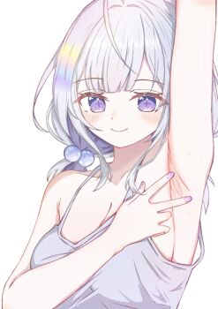 Rule 34 | 1girl, arm up, armpits, ayatsuno yuni, blush, breasts, camisole, chaeeunhan124, cleavage, closed mouth, commentary request, fingernails, grey camisole, grey hair, hair bobbles, hair ornament, hand up, highres, korean commentary, large breasts, long hair, looking at viewer, low-tied long hair, nail polish, parted bangs, presenting armpit, purple eyes, purple nails, second-party source, simple background, smile, solo, spaghetti strap, star-shaped pupils, star (symbol), stellive, sweat, symbol-shaped pupils, virtual youtuber, white background
