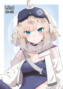 1girl aa-12_(girls'_frontline) blue_eyes blue_shirt blush breasts brown_hair candy character_name cleavage commentary_request cropped_jacket expressionless food girls'_frontline girls'_frontline_2:_exilium highres jacket lind_(girls'_frontline_2) lollipop looking_at_viewer medium_breasts medium_hair open_clothes open_jacket shirt solo tesura_(teslamk2) upper_body white_jacket