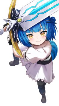 1girl absurdres alternate_costume black_gloves black_pantyhose blue_hair blush boots brown_boots chromashift closed_mouth commission cosplay dress eyelashes fang fingerless_gloves fran_(tensei_shitara_ken_deshita) fran_(tensei_shitara_ken_deshita)_(cosplay) from_above gloves hair_bun highres holding holding_sword holding_weapon huge_weapon illustsaboko long_sleeves pantyhose poko_rakun raccoon_girl raccoon_tail second-party_source shishou_(tensei_shitara_ken_deshita) short_hair single_side_bun skin_fang solo standing sword tail tensei_shitara_ken_deshita transparent_background virtual_youtuber wavy_mouth weapon white_dress yellow_eyes