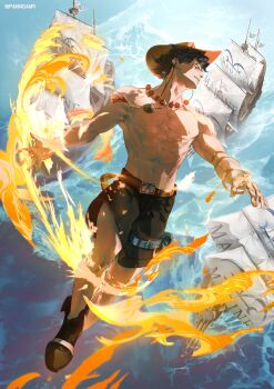 1boy abs absurdres arms_up bead_necklace beads belt belt_buckle black_hair black_shoes black_shorts bracelet brown_belt buckle commentary fire groin hat highres jewelry male_focus navel necklace ocean one_piece panngam9 parted_bangs parted_lips pectorals portgas_d._ace sail ship shoes shorts smile solo water watercraft